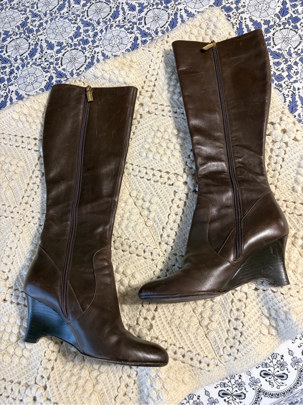EUC Vintage BrunoMagli Women's Dark Brown Leather Knee-High Wedge Boots